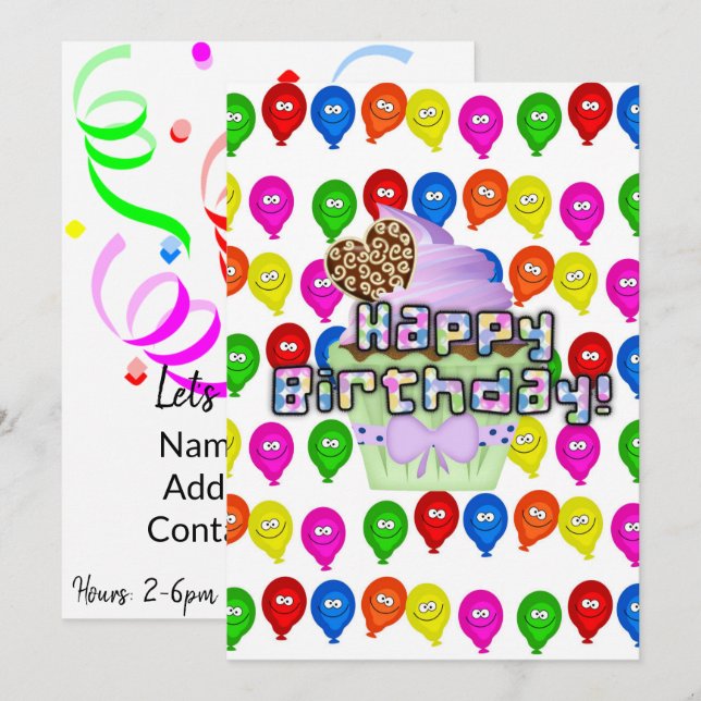 Happy Birthday Invitation Balloons Cupcakes (Front/Back)