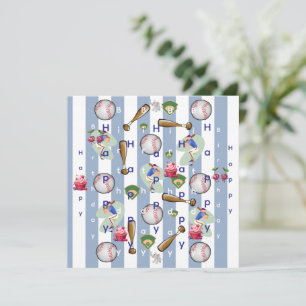 Happy Birthday Invitation Blue Stripe Baseball