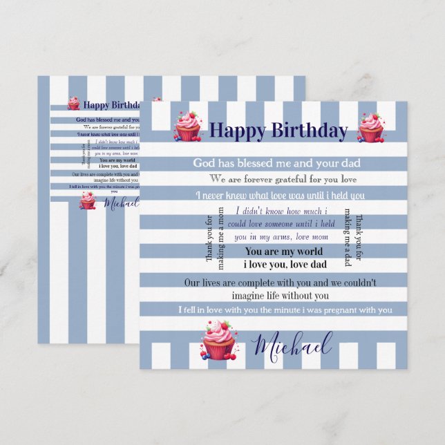 Happy Birthday Invitation Blue & White Stripe  (Front/Back)