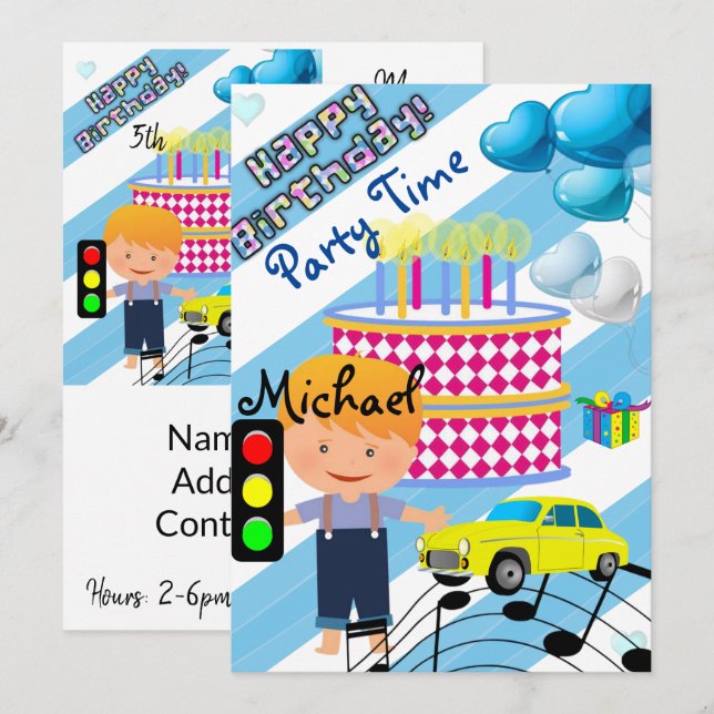 Happy Birthday Invitation Boy Car (Front/Back)