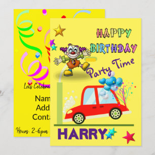 Happy Birthday Invitation Clown Car Yellow