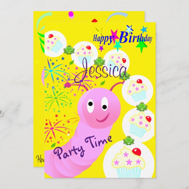 Happy Birthday Invitation Pink Worm Cupcakes (Front/Back)