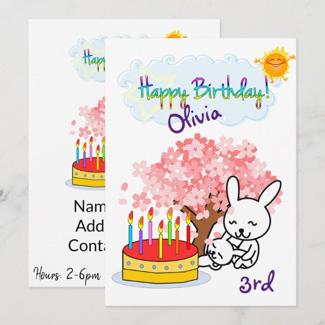 Happy Birthday Invitation Rabbit Cake (Front/Back)