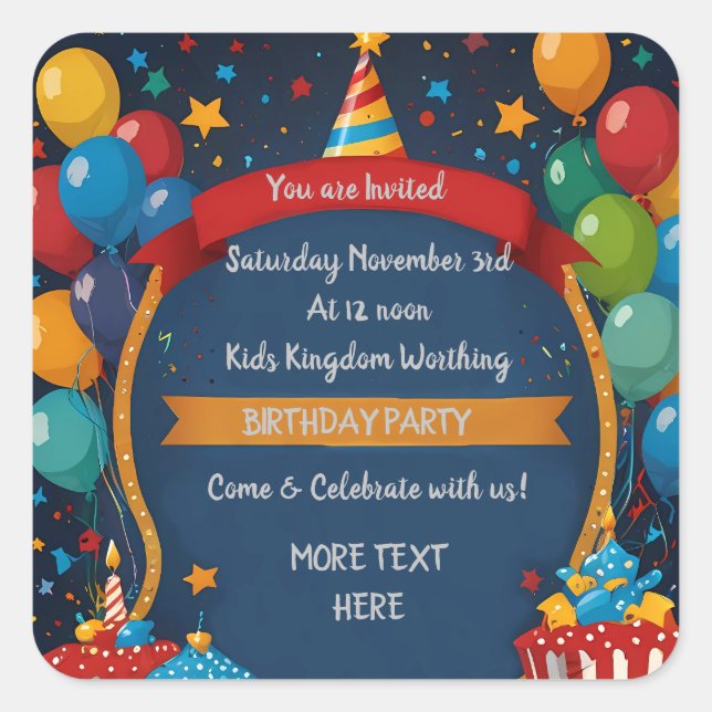 Happy Birthday Invite  Square Sticker (Front)