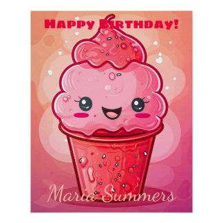 Happy Birthday Italian Ice-cream Kawaii Cartoon  Poster
