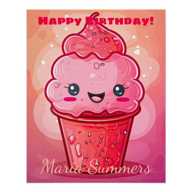 Happy Birthday Italian Ice-cream Kawaii Cartoon  Poster (Front)