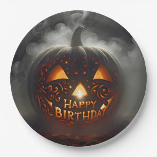 Happy Birthday Jack-o-lantern In Smoke Paper Plate