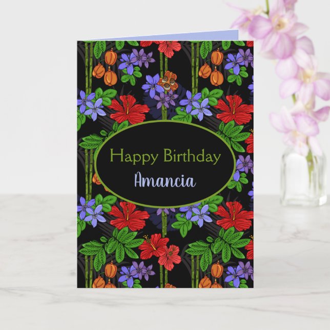 Happy Birthday Jamaican Tropical Jungle Patterned Card (Orchid)