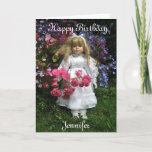 Happy Birthday Jennifer Card<br><div class="desc">Happy Birthday Jennifer text with beautiful doll and flowers</div>