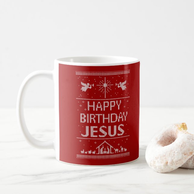 Happy Birthday Jesus Christian Christmas Sweater Coffee Mug (With Donut)