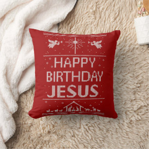 Happy Birthday Jesus Christmas Christian Red White Cushion