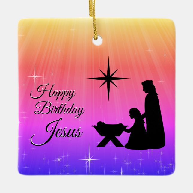 Happy Birthday Jesus,  Christmas Nativity Ceramic Tree Decoration (Front)