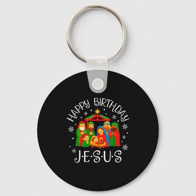 Happy Birthday Jesus Christmas Pajamas Xmas Squad  Key Ring (Front)
