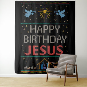 Happy Birthday Jesus Christmas Sweater Christian Tapestry