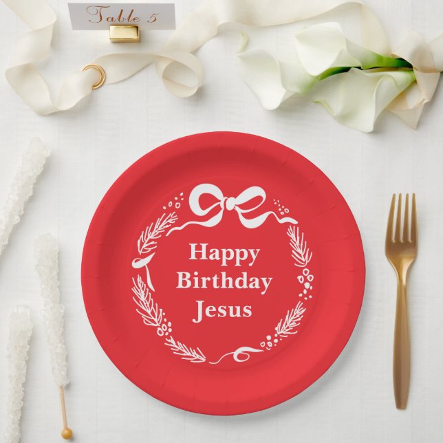 Happy Birthday Jesus | Hand Drawn Bow Christmas Paper Plate (Wedding)