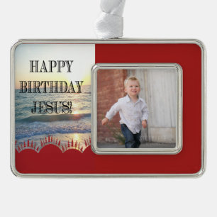 Happy Birthday Jesus Over the Ocean Silver Plated Framed Ornament