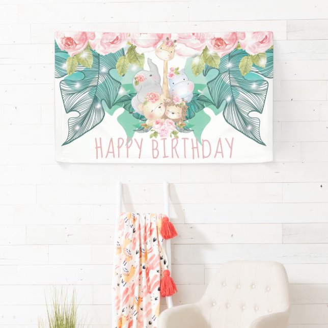 Happy Birthday Jungle Animals Girl Birthday Banner (Insitu)