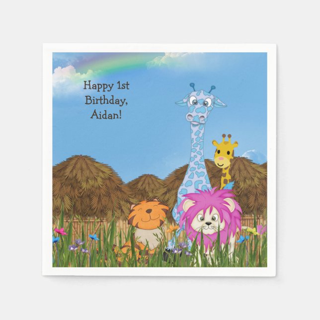 Happy Birthday jungle animals with huts Napkin (Front)