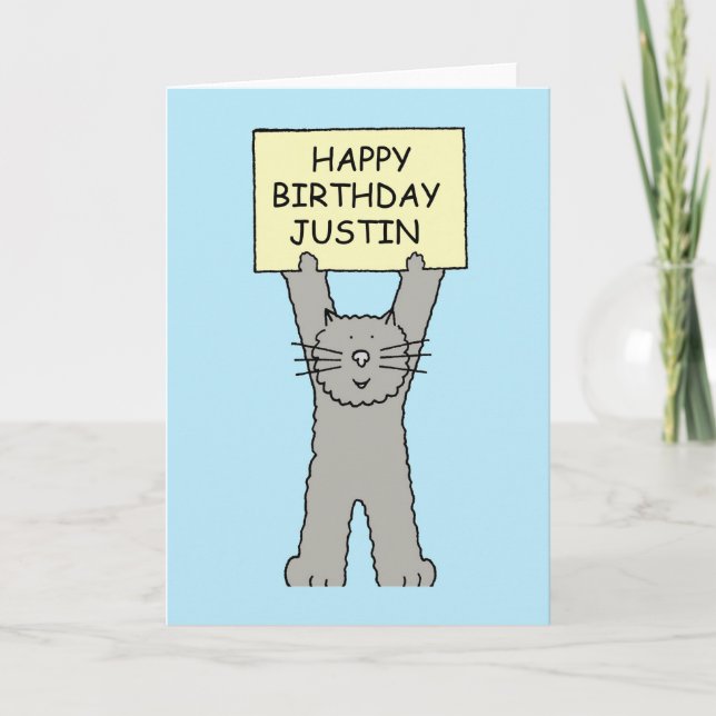 Happy Birthday Justin, Cartoon Cat. Card (Front)