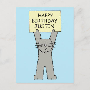 Happy Birthday Justin Cartoon Cat Postcard