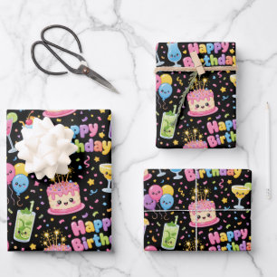 Happy Birthday Kawaii Art Party Wrapping Paper Sheet