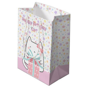 Happy Birthday Kawaii Cat with Gift Box Medium Gift Bag
