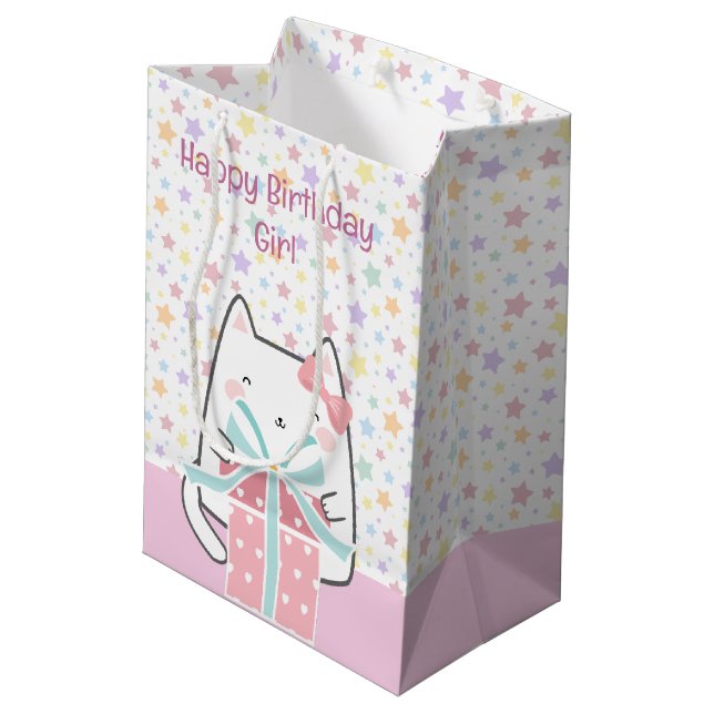 Happy Birthday Kawaii Cat with Gift Box Medium Gift Bag (Back Angled)