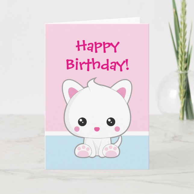 Happy Birthday Kawaii White Cat Card (Front)