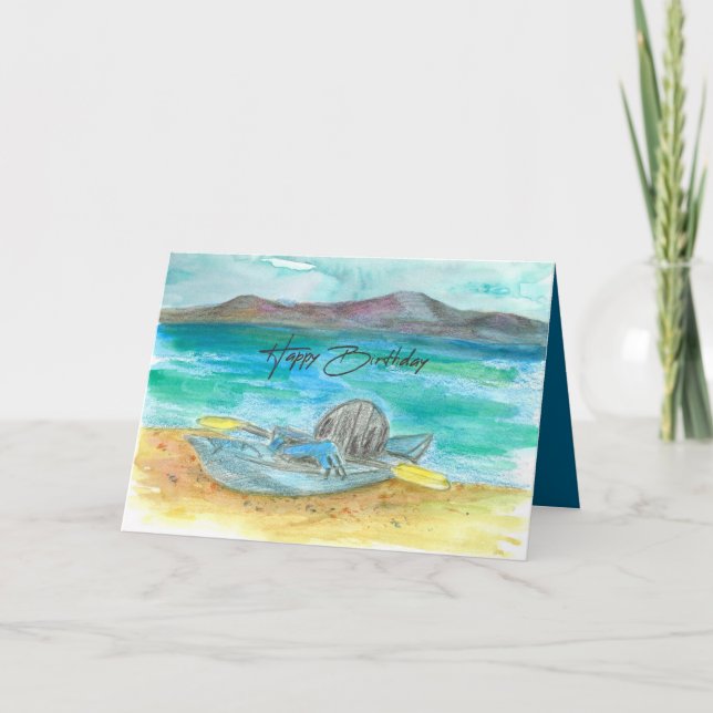 Happy Birthday Kayak Mountain Lake Beach Water Card (Front)