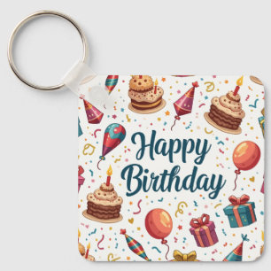 Happy Birthday Keychain with Balloons and Cake