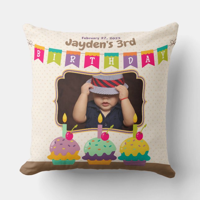 Happy Birthday Kid Colourful Cupcakes Bunting Phot Cushion (Front)