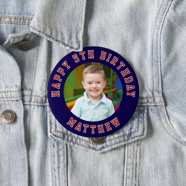 Happy Birthday Kids Photo | Blue Name 10 Cm Round Badge (In Situ)