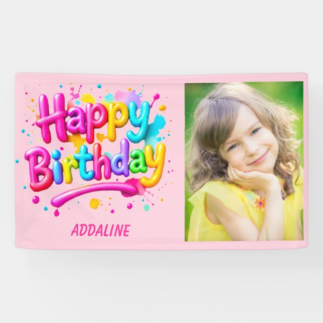 Happy Birthday Kids Pink Yellow Graffiti Photo  Banner (Horizontal)