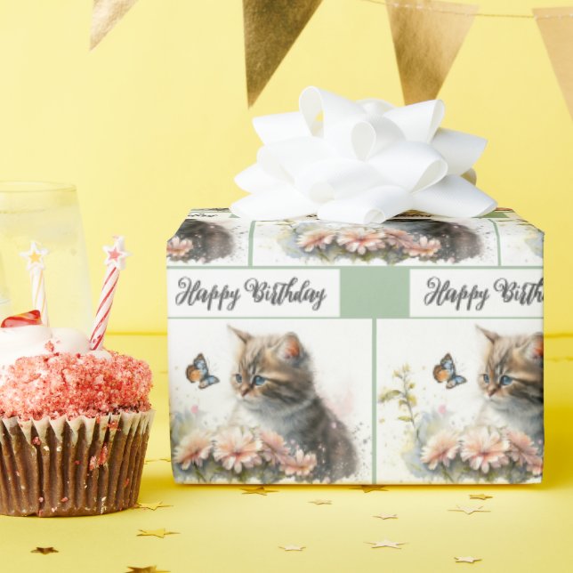 Happy Birthday Kitten In Garden   Wrapping Paper (Birthday Party)