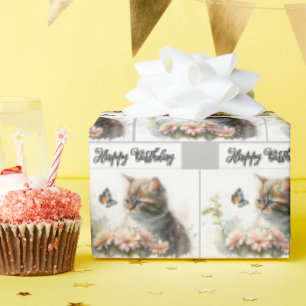 Happy Birthday Kitten In Garden   Wrapping Paper