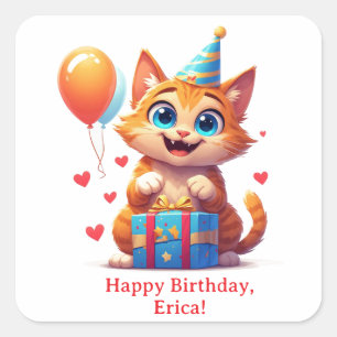 Happy Birthday Kitty With Party Hat 🐱 Square Sticker