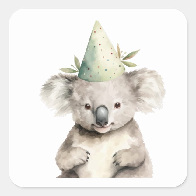 Happy Birthday Koala Bear Party Hat Square Sticker (Front)