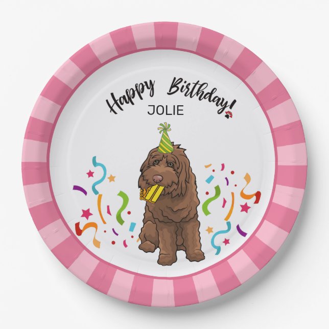Happy Birthday Labradoodle Dog Pink Stripe Party 9 Paper Plate (Front)
