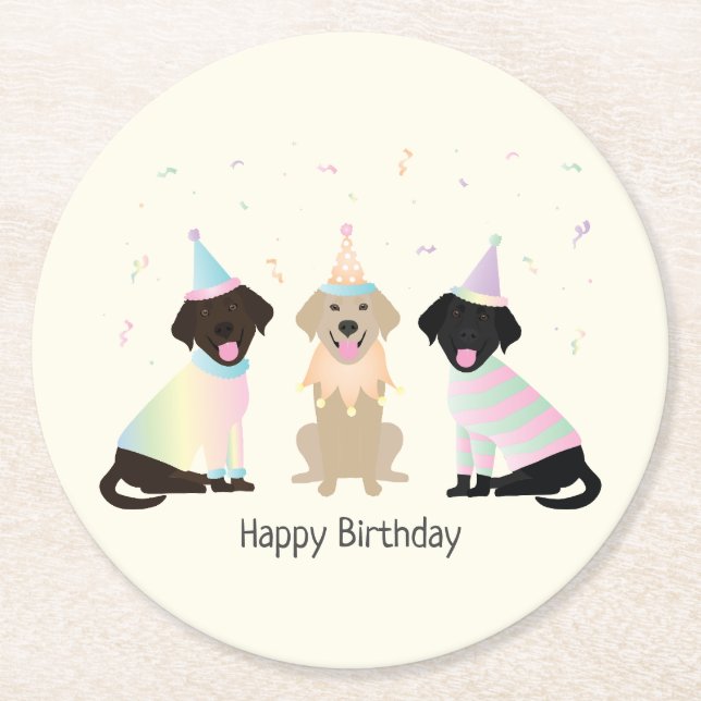 Happy Birthday Labrador Retriever Dogs Round Paper Coaster (Front)