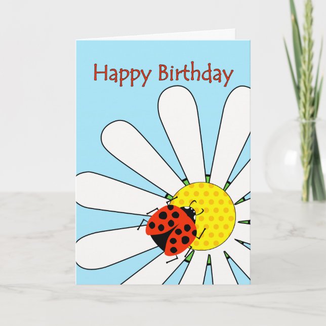 Happy Birthday Ladybug on White Daisy Flower Card (Front)