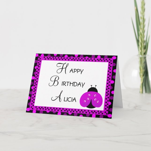 Happy Birthday Ladybug Pink And Purple Polka Dots Card (Front)