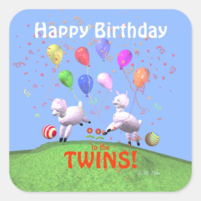 Happy Birthday Lambs for Twins Square Sticker (Front)