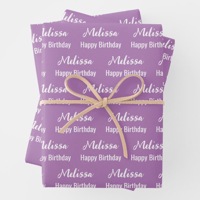 Happy Birthday Lavender and White Name Pattern Wrapping Paper Sheet (In situ)