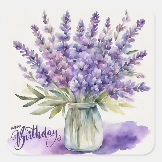 Happy Birthday Lavender Flowers in Jar Watercolor  Square Sticker (Front)