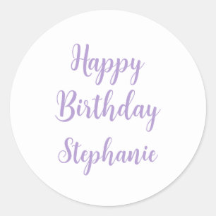 Happy Birthday Lavender Purple Custom Name Elegant Classic Round Sticker