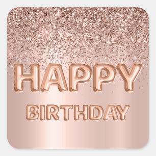 Happy Birthday Letter Balloon Rose Gold Glitter Square Sticker