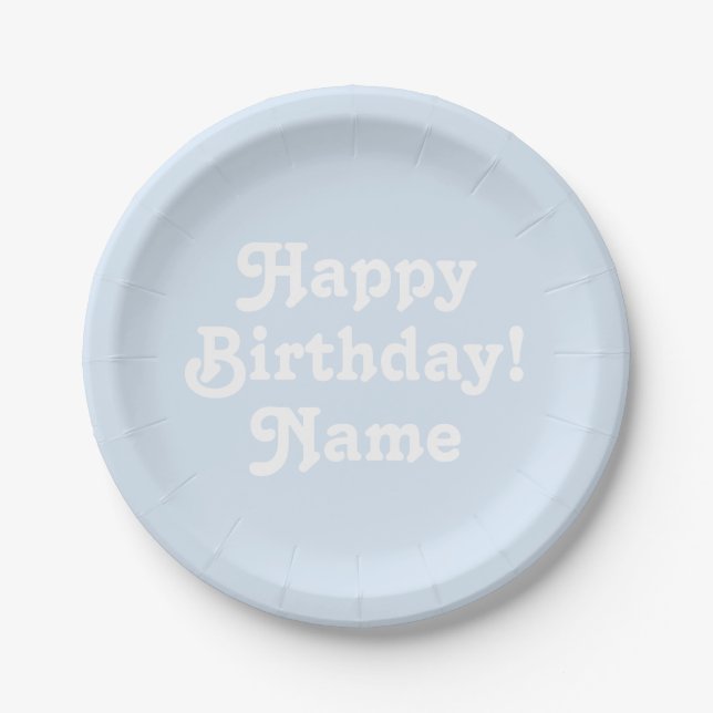 Happy Birthday light blue custom Name and photo Paper Plate (Front)