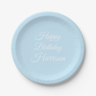 Happy Birthday light blue white custom script name Paper Plate