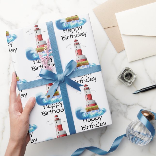 Happy Birthday Lighthouses on White  Wrapping Paper (Gifting)