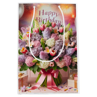 Happy Birthday, lilac bouquet, by Natasha Us   Medium Gift Bag